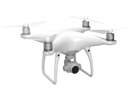 White quadcopter drone with propellers, camera, and landing gear, isolated on black
