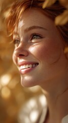 Fototapeta premium A stunning portrait of a smiling, ginger-haired woman, bathed in the warm glow of autumn, her eyes reflecting pure joy and contentment.