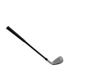 A golf club iron, angled, with a black shaft and silver club head, isolated