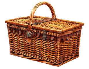Wicker picnic basket with handle, closed lid, and leather straps