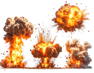 Five stylized explosions of various shapes and sizes erupting with fiery detail