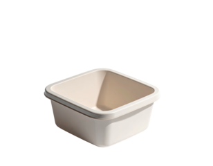 Angled close-up of an empty, rectangular, off-white plastic container