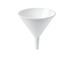 A white, conical tool with a wide mouth and a narrow spout, isolated