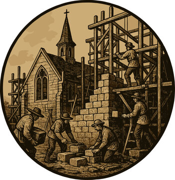 Happy Reformation Day vector illustration. Medieval workers building a stone church. Growth of the Reformation movement. Engraving-style historical artwork for religious and educational themes