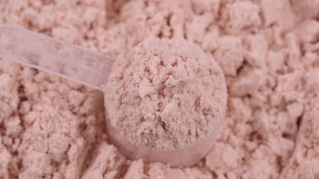 Close-up of a plastic scoop filled with whey pink protein powder on a textured background. Strawberry flavored sports supplement, fitness nutrition, healthy diet concept. Bodybuilding gym lifestyle