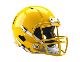Shiny gold football helmet with faceguard, viewed at a 3/4 angle