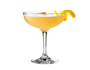 Elegant cocktail in a coupe glass, garnished with a lemon twist against black