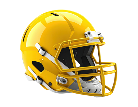 Shiny gold football helmet with faceguard, viewed at a 3/4 angle