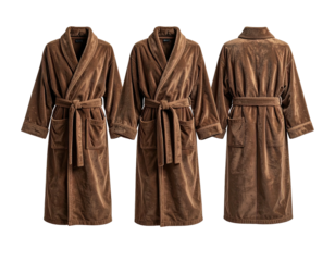 Three-view depiction of a plush brown robe with belt and pockets