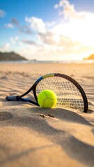 Tennis racket and ball on a beach at sunrise