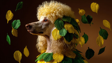 Poodle With Yellow Curls and Green and Yellow Leaf Adornments