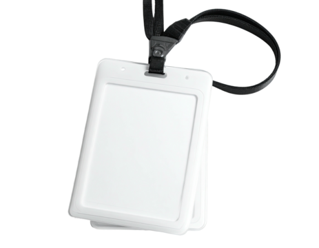 Two white, rectangular plastic ID badge holders on a black lanyard