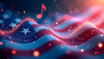 Patriotic American Flag Waving Glitter Music Notes Glowing Bokeh Lights