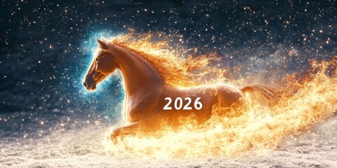 Fototapeta premium Fiery horse galloping through a stunning starlit universe, symbolizing power and freedom in motion.