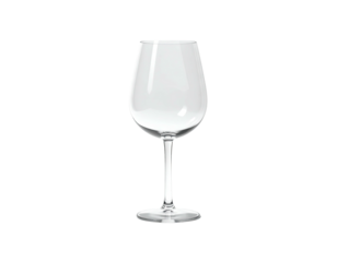 A clear, stemmed glass for red wine sits isolated against a black background