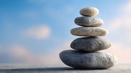 Several smooth stones are carefully balanced atop one another to form a serene stack, creating a visual representation of balance and tranquility against a blurred backdrop of a soft, dreamy sky.