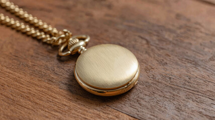 Elegant gold pocket watch with chain on wooden surface