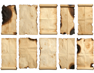 Several aged paper scrolls, each with burnt edges and varying degrees of damage