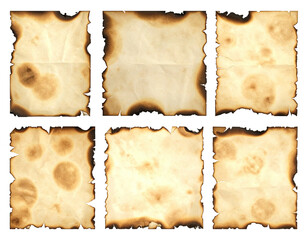 Six antique parchment sheets with burn marks and irregular, charred edges, vintage