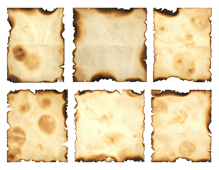 Six antique parchment sheets with burn marks and irregular, charred edges, vintage