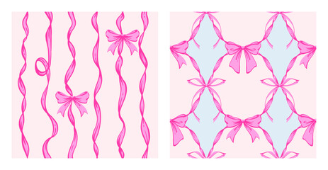Ribbon Bow Coquette Seamless Pattern Set. Hand-Drawn Feminine Pink Backgrounds with Whimsical  Festive ribbons and bows. Romantic Design. Perfect for a Lovely and Valentines Day Backdrop