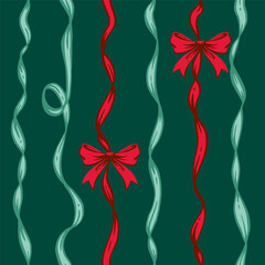 Ribbon Bow Christmas Seamless Pattern. Whimsical Red and green Hand-Drawn Feminine Backgrounds with Festive ribbons and bows. Coquette Vintage backdrops for wrapping paper, textile, seasonal designs