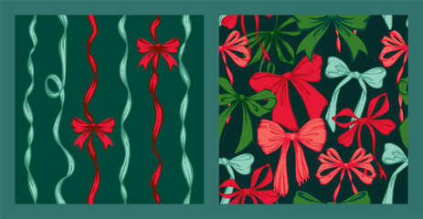 Ribbon Bow Christmas Seamless Pattern Set. Red and green Hand-Drawn Feminine Backgrounds with Festive ribbons and bows. Coquette Vintage backdrops for wrapping paper, textile, seasonal designs