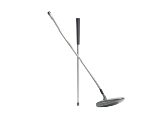 Two golf putters are angled against a black background, poised for play