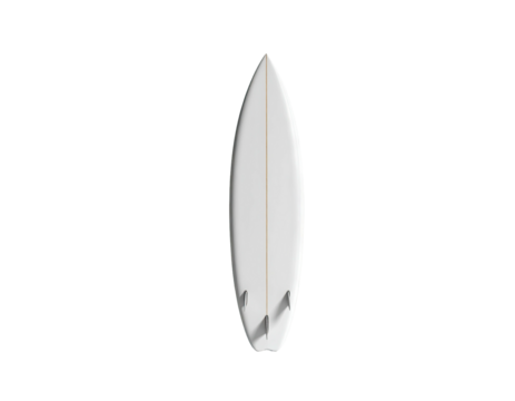 A white surfboard isolated on a black background, three fins visible, shadow