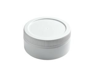 A small, white jar with a round, flat lid and a textured, ribbed base
