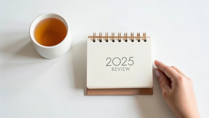 2025 review new year end planner with tea cup and hand reflecting calm reflection