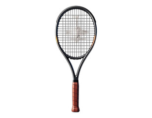 A dark tennis racket with a brown grip, viewed directly against a black background