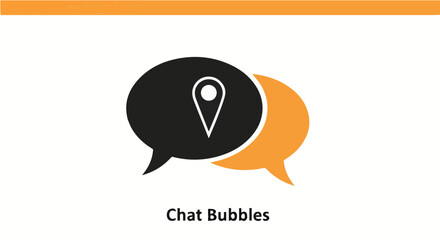 Obraz premium Two overlapping speech bubbles, one black and one orange, featuring a location pin icon.