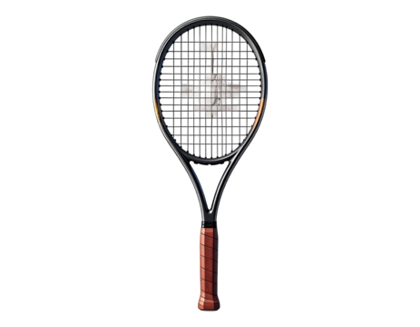 A dark tennis racket with a brown grip, viewed directly against a black background