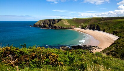 Coastal view of beach and green cliffs
