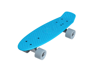 A light blue plastic skateboard with grey wheels, isolated on a black background