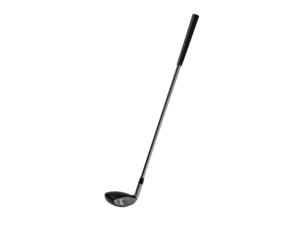 A golf club, angled, with a dark handle and head, against a black background