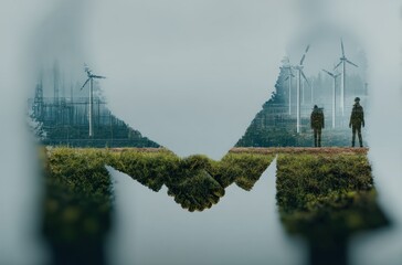 Double exposure image of handshake silhouette with grassy texture and wind turbines, symbolizing green energy partnership and sustainability Generative AI