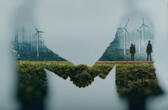 Fototapeta Double exposure image of handshake silhouette with grassy texture and wind turbines, symbolizing green energy partnership and sustainability Generative AI