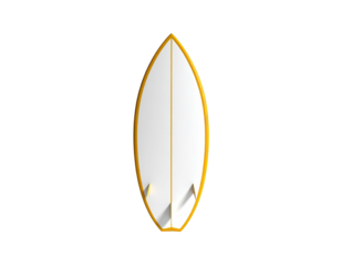 A bright yellow-trimmed surfboard, white top, with two fins, against a black backdrop