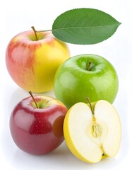 Three apples, one sliced, against white background