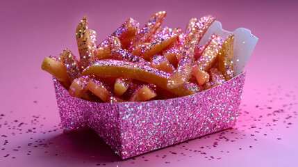 Glittery Pink French Fries in a Shimmering Box on a Vibrant Pink Background
