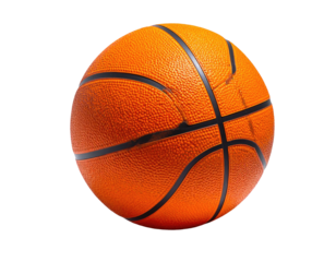 A detailed view of an orange basketball with textured surface against a black background
