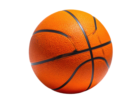 A detailed view of an orange basketball with textured surface against a black background