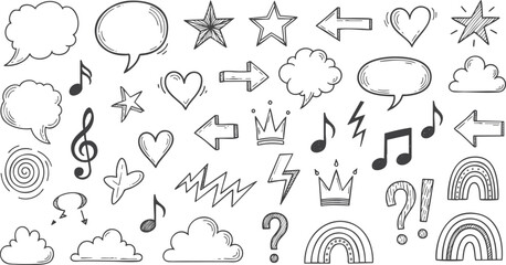 Fototapeta premium Whimsical Hand-Drawn Doodle Icon Set Speech Bubbles, Stars, Arrows, and More vector file