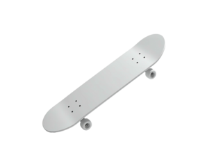 Rendered, isolated skateboard, grayscale; angled on a dark background