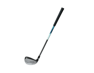 Angled, metallic golf club isolated on black background, shaft illuminated