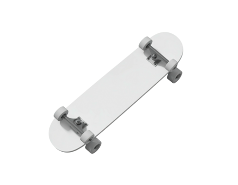 A grayscale overhead view of a minimalist skateboard against a black background