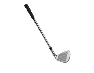 A silver golf club angled diagonally, the grip black, against a black background