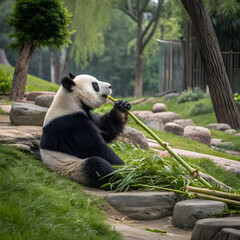 panda sitting and eating bamboo in zoo habitat